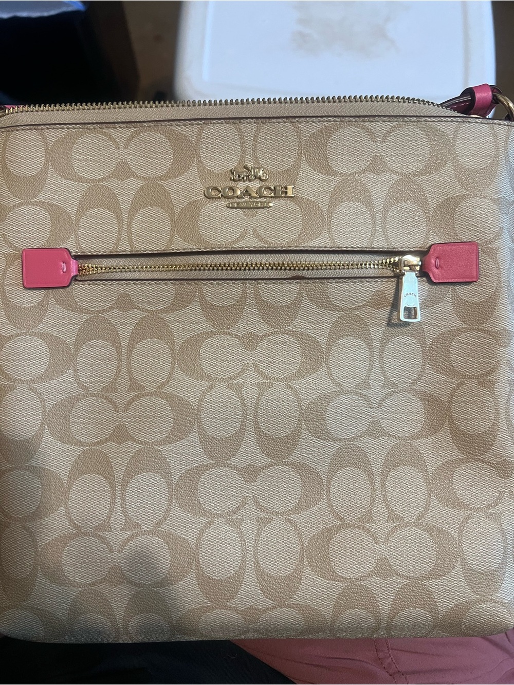 Coach Khaki Canvas Crossbody with Pink Trim